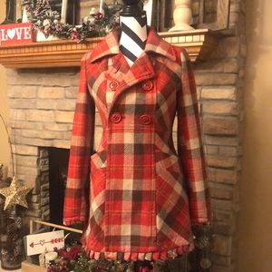 Anthro Tulle Plaid Pea Coat in red